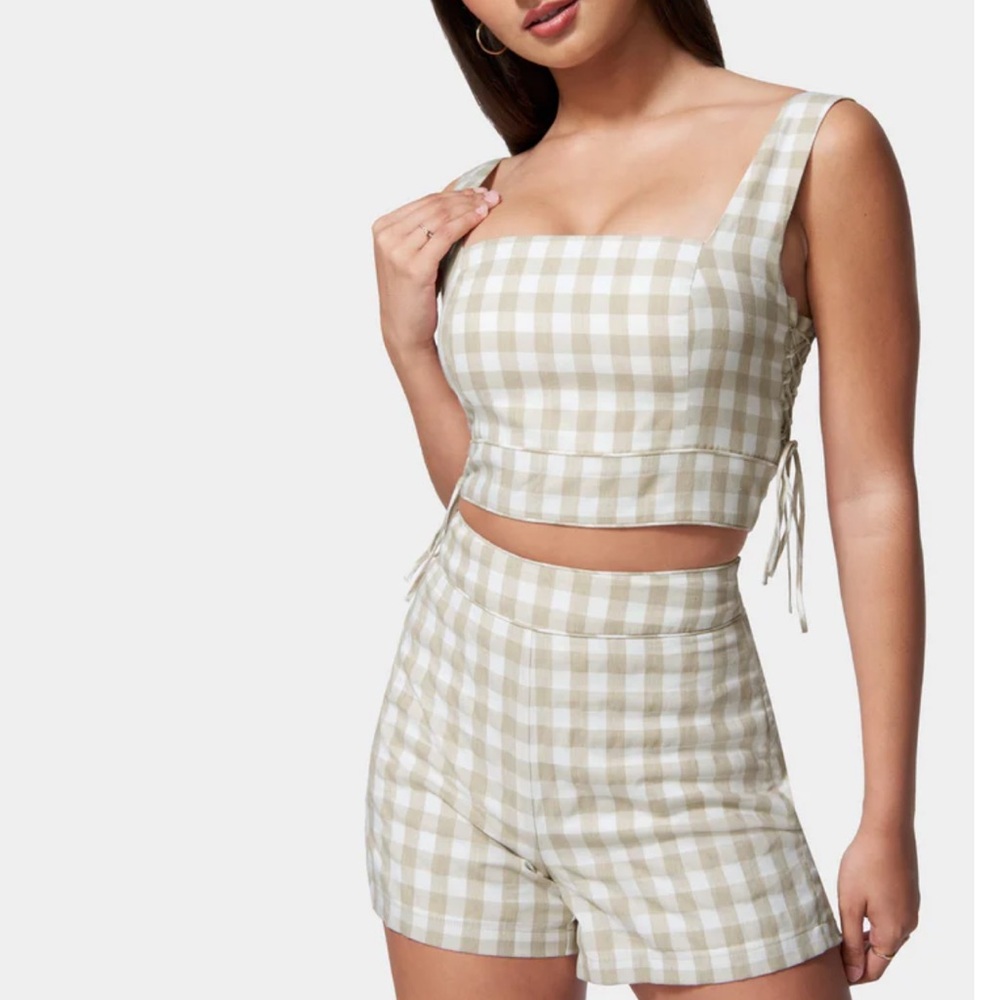 Bebe Gingham Cropped Lace Up Top With Gingham Shorts Set